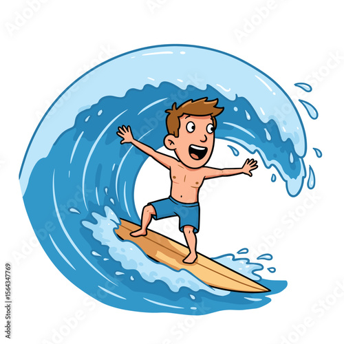 Cartoon character balances confidently on a yellow surfboard while riding a big blue wave, wearing blue shorts. White foam splashes add movement and excitement to the surfing scene.