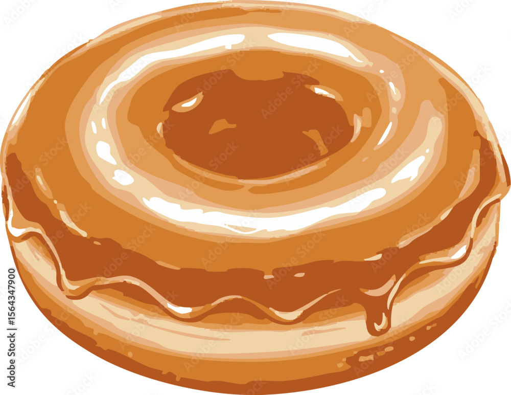 Fototapeta premium Caramel donut with glossy glaze is isolated on a white background in an illustrated style, ideal for use in advertisements and designs related to food and desserts.