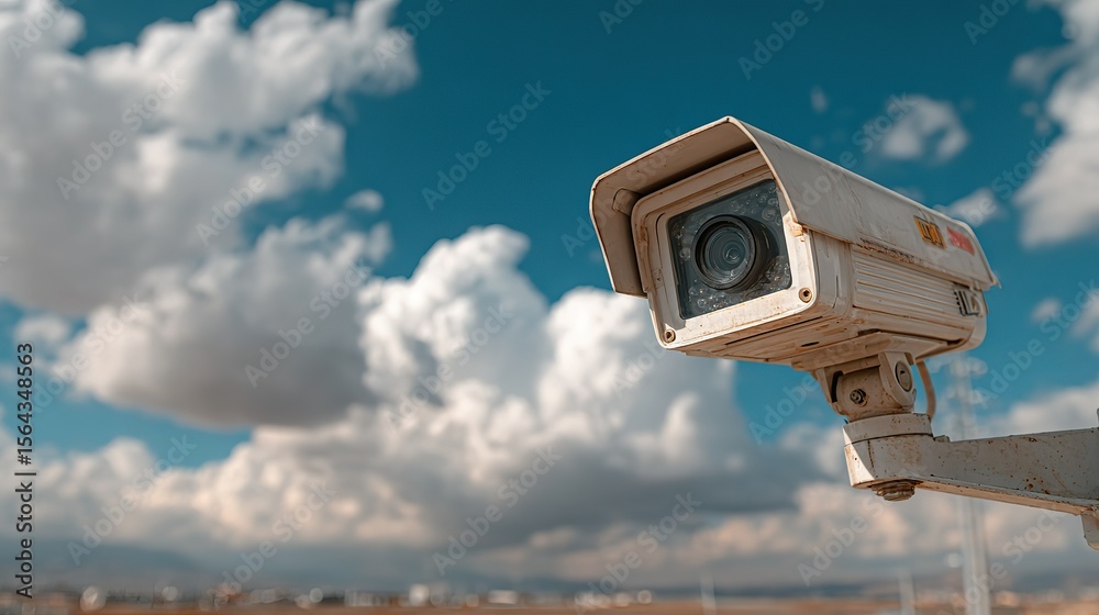 Modern surveillance camera mounted outdoors - capturing clear images against blue sky and white clouds, security monitoring scene Modern surveillance camera mounted outdoors - capturing clear images against blue sky and white clouds, security monitoring scene
