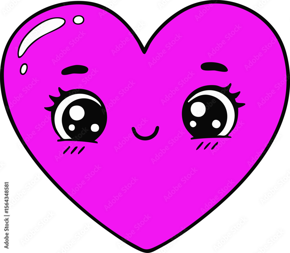 Fototapeta premium Adorable pink heart character featuring kawaii-style eyes is smiling sweetly against a clean white background, ideal for Valentine's Day, greeting cards, or children's content.