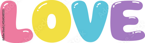 Playful word love is displayed with pink, yellow, blue, and purple cartoonish letters against a white background creating a bright and cheerful feeling suitable for Valentine's day themes.
