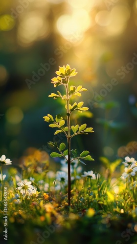 Golden Hour Serenity: A Young Plant Basking in the Warm Sunlight Amongst Delicate Wildflowers