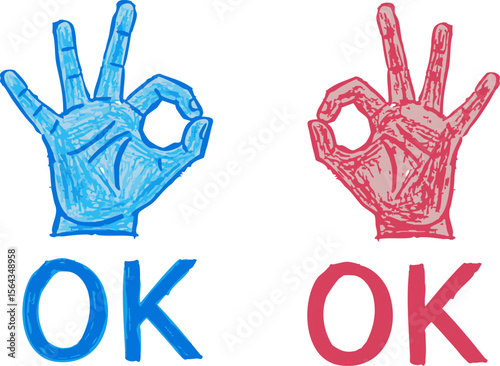 Blue and red hand gestures making the 'ok' symbol with matching color text conveys a positive message in a simple artistic style on a white background for various graphic design projects.