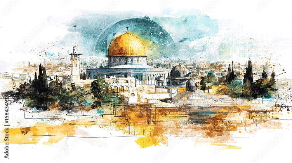 Obraz premium Artistic rendering of the Dome of the Rock showcasing its stunning golden architecture with watercolor textures and