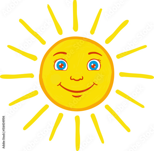 Smiling yellow sun with blue eyes radiates warmth and happiness against a clean white background, creating a playful and inviting image suitable for children's content and sunny weather promotions.