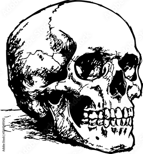 Detailed monochrome skull illustration shows anatomical features in a graphic sketch style with strong contrast and white background, ideal for educational or decorative purposes.