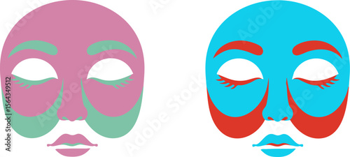 Two colorful minimalist face illustrations with closed eyes, one in pink and green, the other in blue and red, stand side-by-side against a clean white backdrop, ideal for beauty and wellness visuals.