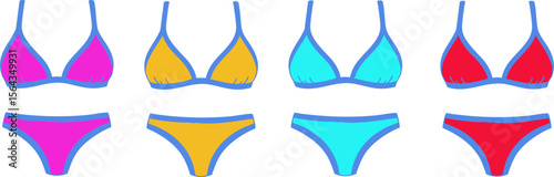 Bright pink, yellow, blue, and red bikini swimsuit sets lined with a blue trim arranged in a row against a white backdrop, perfect for summer fashion and travel advertising.