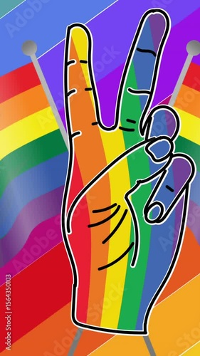 Animation of victory hand sign and flags over rainbow background
