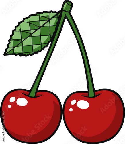 Pair of cartoon red cherries hangs with green stems and leaf on a white backdrop, conveying a playful, simple design for food illustration or children's media projects.