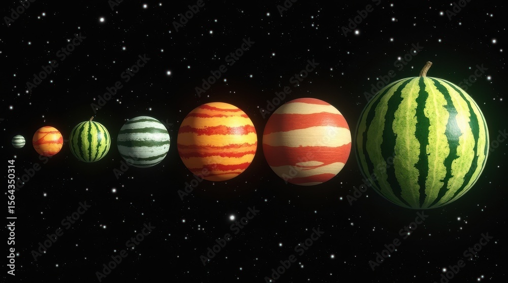 Fototapeta premium Galactic watermelon dance planetary exploration in a colorful cosmic setting graphic art outer space creative viewpoint