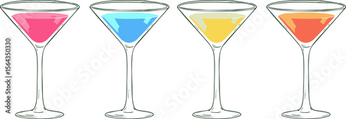 Row of four martini glasses filled with pink, blue, yellow, and orange drinks stands on a white background, creating a playful and vibrant visual suitable for party or celebration themed designs.