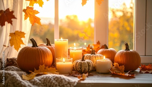Cozy autumn scene with pumpkins, candles, and fall leaves by a window at sunset