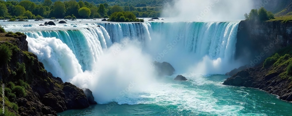 Naklejka premium Majestic Cascading Waterfall Breathtaking Nature Display of Powerful Water Streams Crashing Down Rocky Terrain, Creating Misty Spray