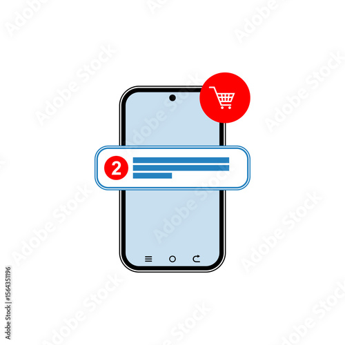 Smartphone with shopping cart notification, indicating two new messages related to purchases.