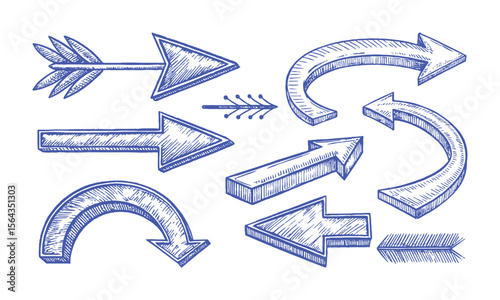 Modern Vector illustration of hand-drawn arrows in a sketch style, including curved, straight, double-headed, and circular arrows, easily editable.