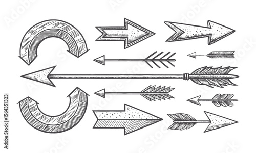 Modern Vector illustration of hand-drawn arrows in a sketch style, including curved, straight, double-headed, and circular arrows, easily editable.