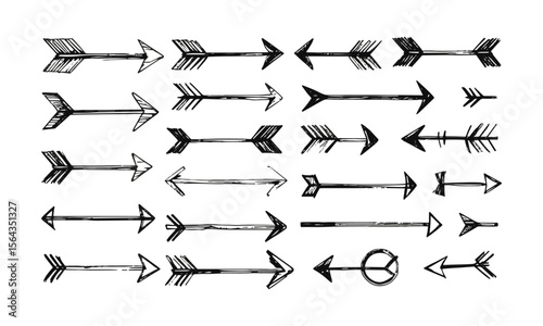 Modern Vector illustration of hand-drawn arrows in a sketch style, including curved, straight, double-headed, and circular arrows, easily editable.