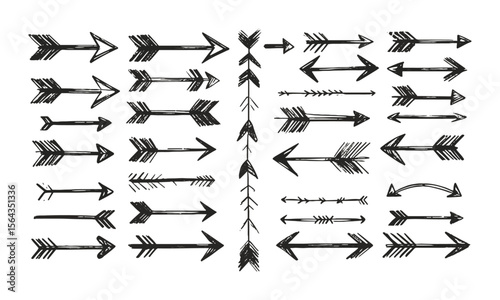 Modern Vector illustration of hand-drawn arrows in a sketch style, including curved, straight, double-headed, and circular arrows, easily editable.