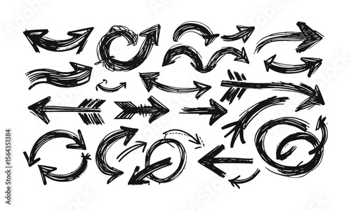 Modern Vector illustration of hand-drawn arrows in a sketch style, including curved, straight, double-headed, and circular arrows, easily editable.