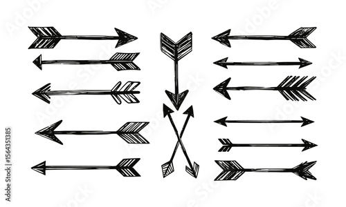 Modern Vector illustration of hand-drawn arrows in a sketch style, including curved, straight, double-headed, and circular arrows, easily editable.