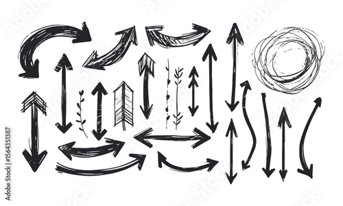 Modern Vector illustration of hand-drawn arrows in a sketch style, including curved, straight, double-headed, and circular arrows, easily editable.