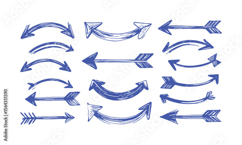 Modern Vector illustration of hand-drawn arrows in a sketch style, including curved, straight, double-headed, and circular arrows, easily editable.