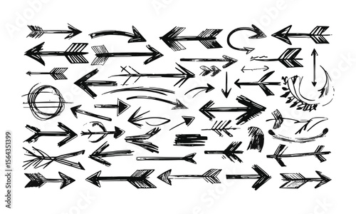 Modern Vector illustration of hand-drawn arrows in a sketch style, including curved, straight, double-headed, and circular arrows, easily editable.