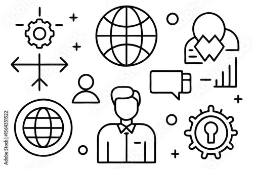 Analysis business process and Message icon set. Enterprise, analysis, businessman, web, strategy, workplace, safety, communication, solution, worker. Chart and Diagram Line Icons. Editable Stroke.