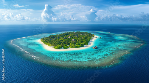 Tropical beach. Summer vacation on a tropical island with beautiful beach and palm trees. Tropical Maldives.