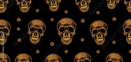 Seamless black background pattern featuring golden rhinestone skulls Happy Halloween,  glitter,  pattern