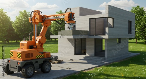 Industrial robotic arm at a construction site using 3D printing to build a modern residential home. Automated building technology for future architecture.
