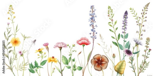 Hand-drawn watercolor herbs, wildflowers, and spices; botanical illustrations perfect for design,  ginger,  background