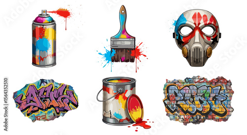 Illustration showing a spray can, brush, mask, graffiti, paint can, and graffiti on brick wall art