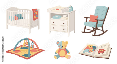 Illustration showing a baby crib changing table rocking chair playmat teddy bear and open storybook image