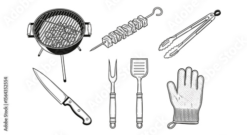 Illustration of a barbecue grill with meat, skewers, tongs, knife, fork, spatula and glove in black and white