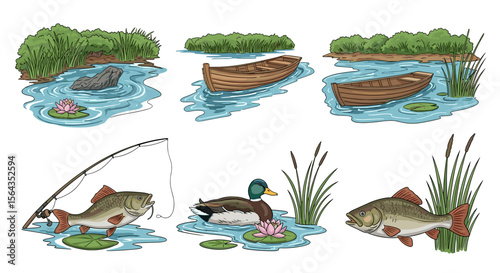 Illustrations of boats, fish, a duck, and river scenes with reeds and lily pads on a white background