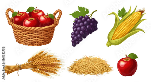 Illustration of a basket of apples grapes corn wheat hay and a single apple on a white background