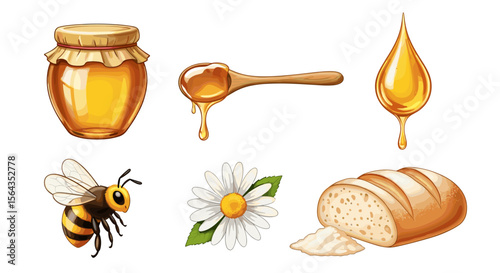 Illustration showing a jar of honey, honey on a spoon, a drop of honey, a bee, flower, and bread loaf