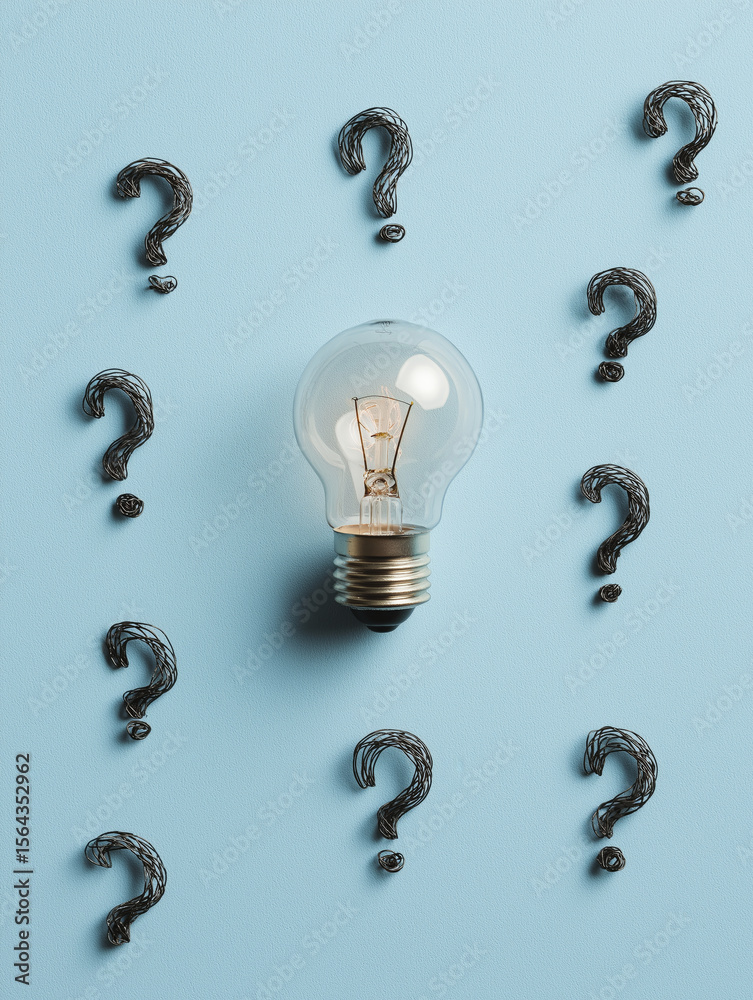Bright light bulb central, question mark surround. Idea solution thinking brainstorm creativity innovation problem concept search answer discovery. Feeling confusion finding clarity knowledge Bright light bulb central, question mark surround. Idea solution thinking brainstorm creativity innovation problem concept search answer discovery. Feeling confusion finding clarity knowledge