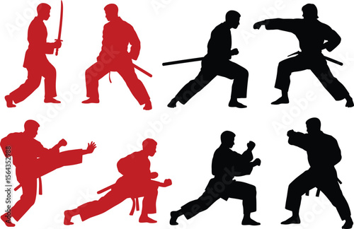 Martial arts training silhouette vector illustration for karate taekwondo and kung fu fighting poses set editable vector illustration with png format