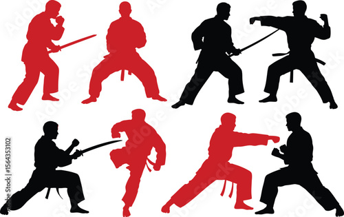 Martial arts silhouettes vector illustration featuring karate fighters in action poses and sword fighting editable vector illustration with png format