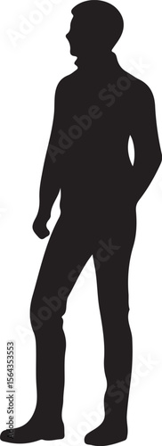 Silhouette of a bearded man in profile view, standing, contemplative mood, minimalist style, vector illustration.