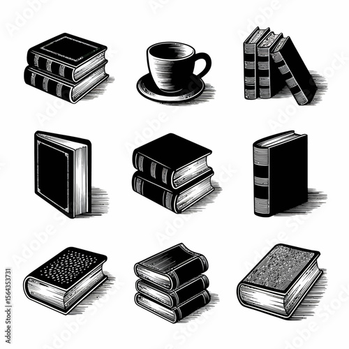 Vintage-style black and white vector illustration set of books in various stacks and arrangements, including one with a coffee cup on top, evoking classic literature, reading, and study themes.

