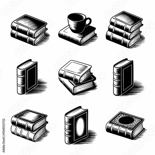 Vintage-style black and white vector illustration set of books in various stacks and arrangements, including one with a coffee cup on top, evoking classic literature, reading, and study themes.

