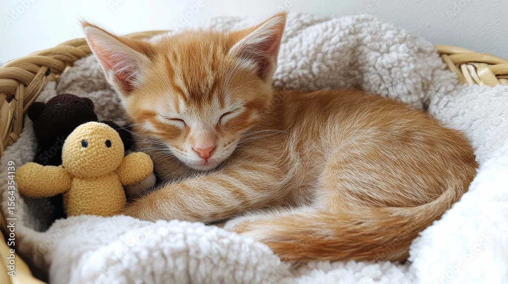 Obraz premium Adorable Ginger Kitten Napping Peacefully in Cozy Basket with Stuffed Toys