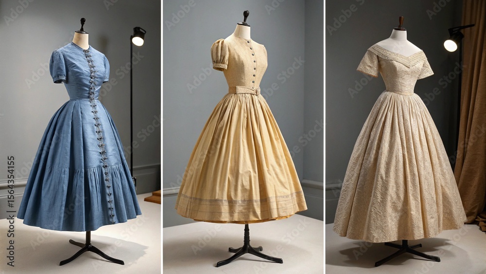 Obraz premium An elegant bridal gown collection on hangers and mannequins showcasing vintage fashion and modern design silhouettes