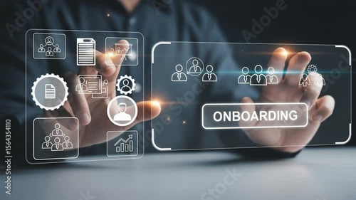 Person interacting with onboarding interface showing team and workflow representations in a futuristic style