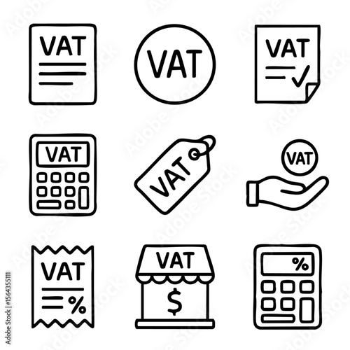 A set of doodle line icons representing VAT tax, receipts, price tags, calculators, invoices, and business tax documentation for accounting