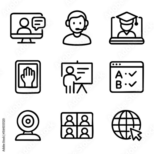 A set of doodle line icons representing virtual classrooms, video conferencing, online tests, e-learning tools, and digital student engagement